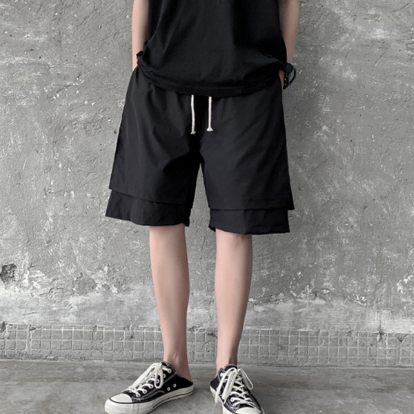 레이어드 반바지 오버핏밴딩 팬츠 INSUM 68 남성 카고 7부 허리밴딩 - 상품 이미지