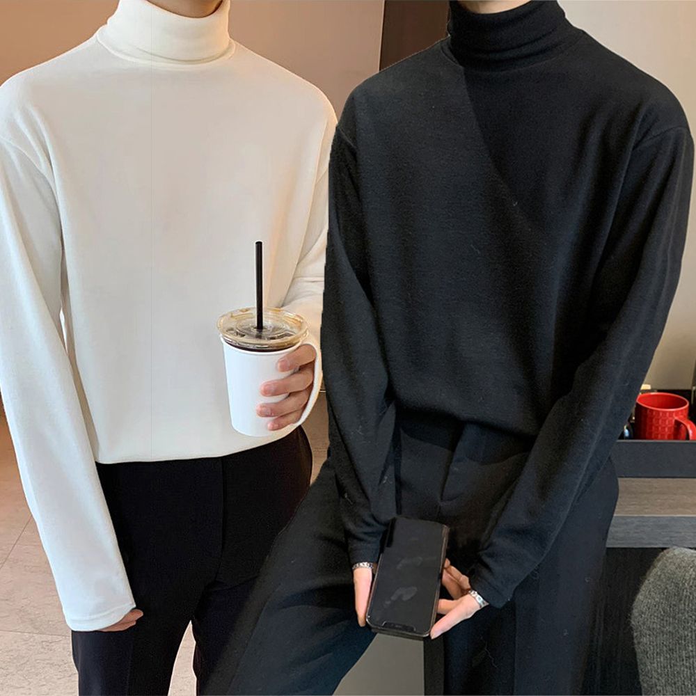 겨울 피치 기모티 목폴라 하이넥 터틀넥 긴팔 티셔츠 남자 남자목티 무지 - 메인 이미지