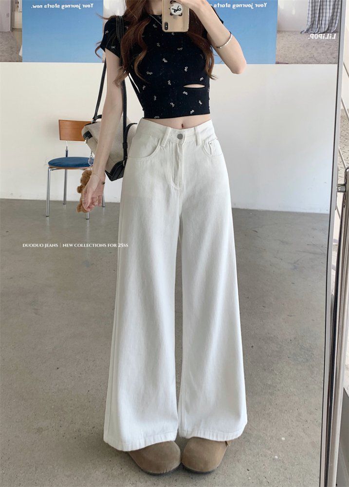 봄 가을 여성 하이웨스트 롱 와이드 면 팬츠 바지 화이트 - 상세 이미지 3