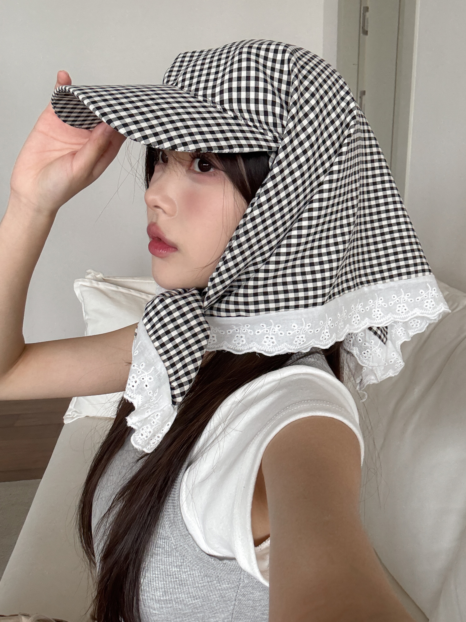 [❤당일출고❤] 파스텔 깅엄 체크 두건 스카프 자외선차단 캡 모자 5color 상세 이미지 2
