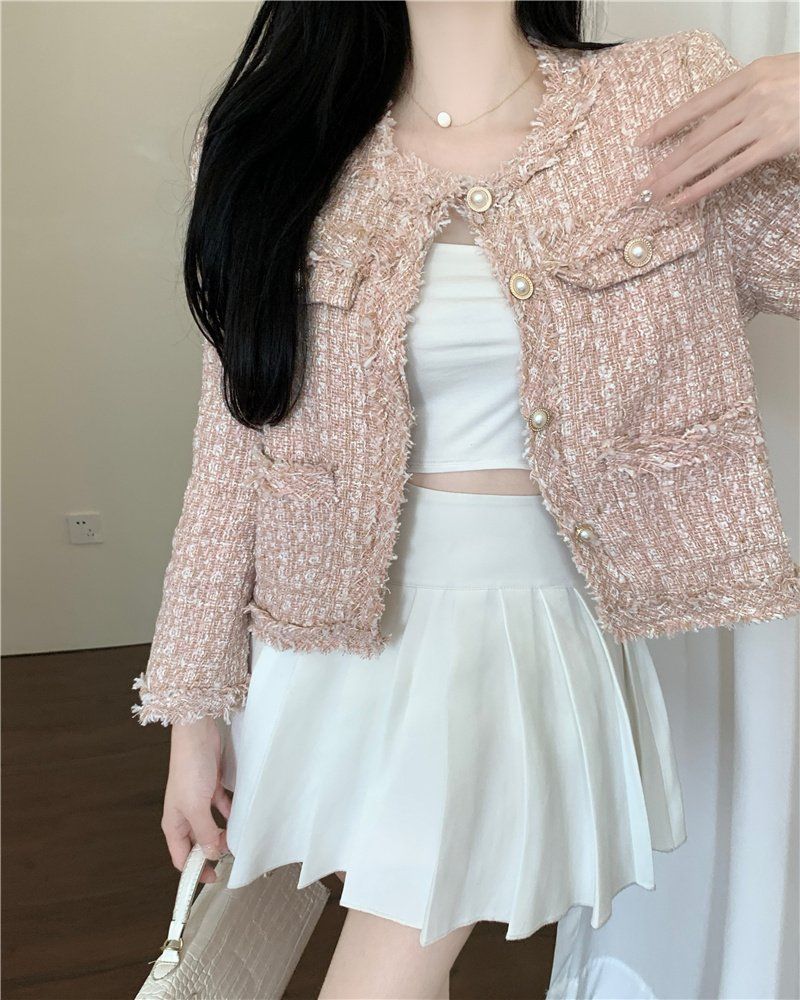 여성 봄 가을 노카라 프린지 트위드 자켓 진주 버튼 블루 애프리콧 핑크 - 상세 이미지 2