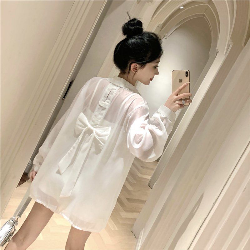 여성 봄 여름 시스루 백리본 롱 셔츠 블라우스 루즈핏 핑크 화이트 - 상세 이미지 4