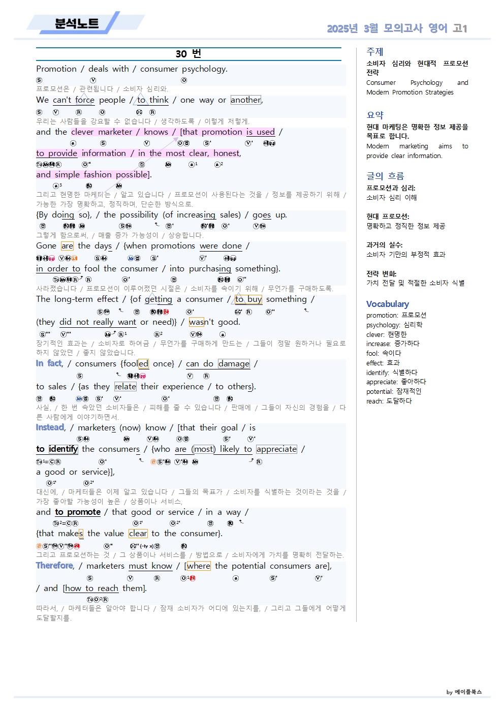 2025년 3월 모의고사 영어 고1 분석노트 변형문제 by 메이플북스 이미지 2