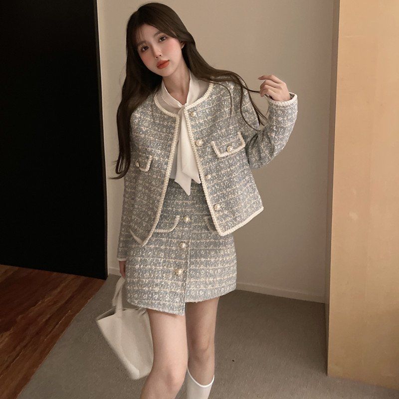 여성 봄 가을 노카라 트위드 자켓 미니 스커트 투피스 세트 하객룩 블루 블랙 - 상세 이미지 2