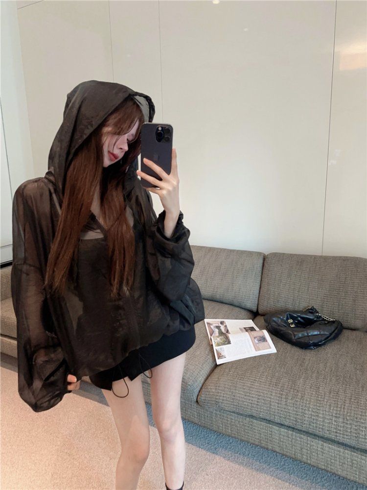 여성 봄 여름 시스루 후드 집업 점퍼 바람막이 오버핏 벌룬소매 카키 아이보리 블랙 - 상세 이미지 4