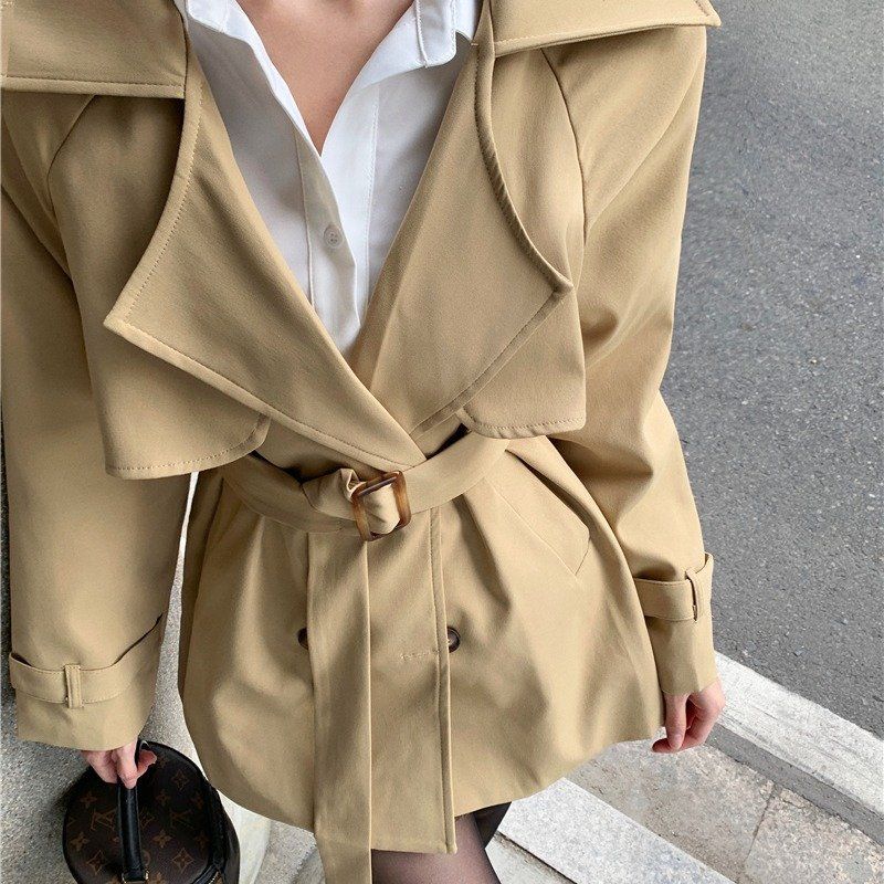 여성 봄 가을 와이드카라 더블 버튼 벨티드 숏 트렌치 코트 자켓 블랙 카키 - 상세 이미지 5