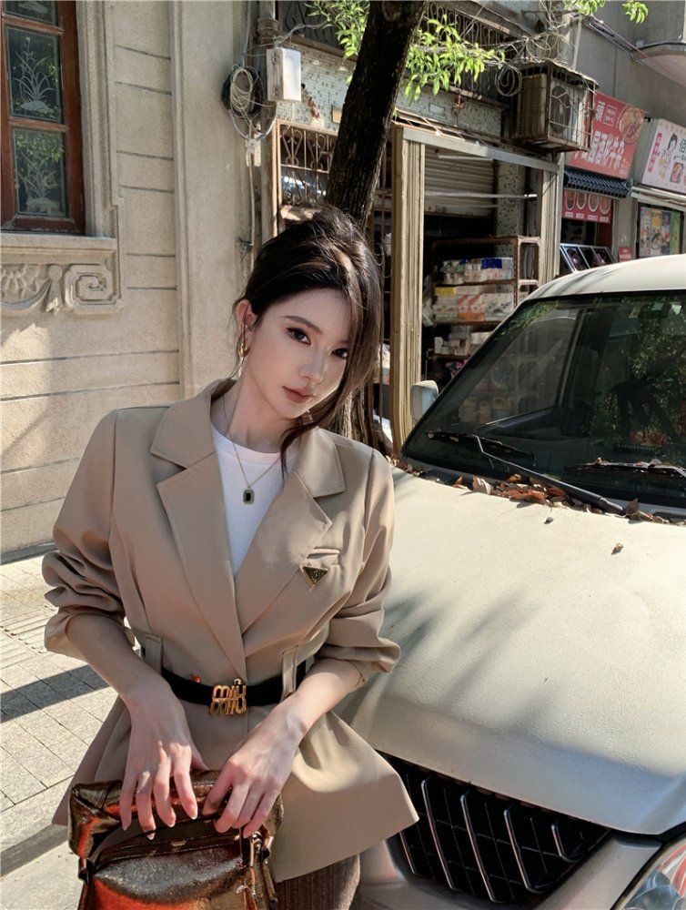 여성 봄 가을 테일러드 카라 벨티드 자켓 블레이저 하객룩 블랙 카키 - 상세 이미지 4