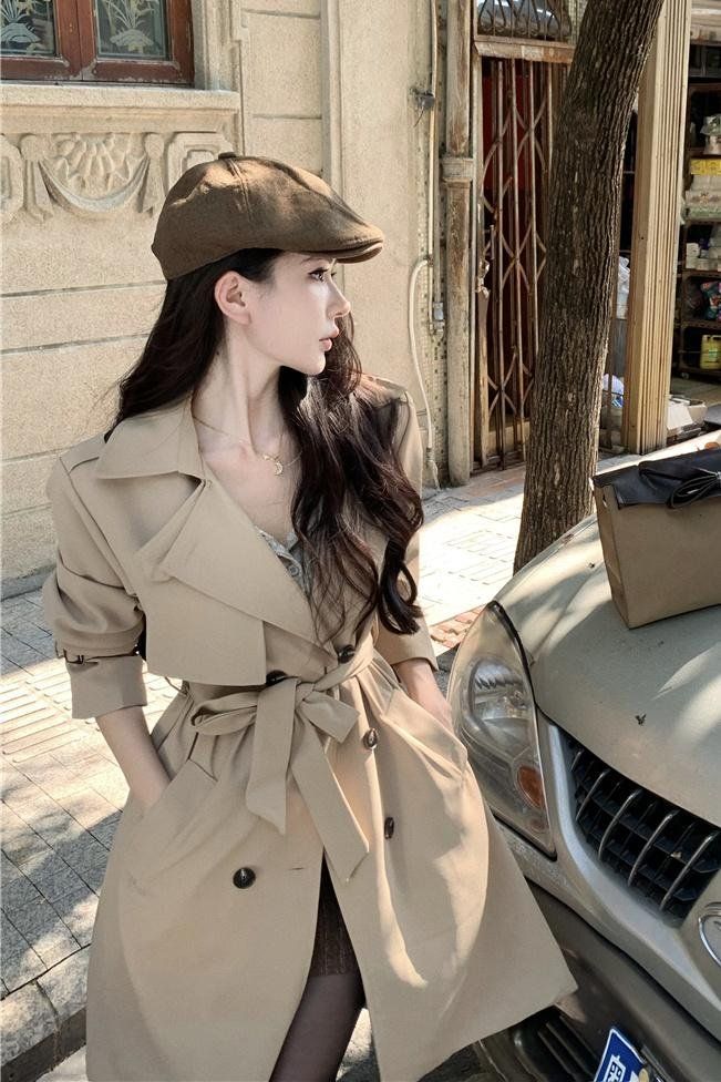 여성 봄 가을 베이직 더블 버튼 벨티드 미디 트렌치 코트 블랙 카키 - 상세 이미지 5