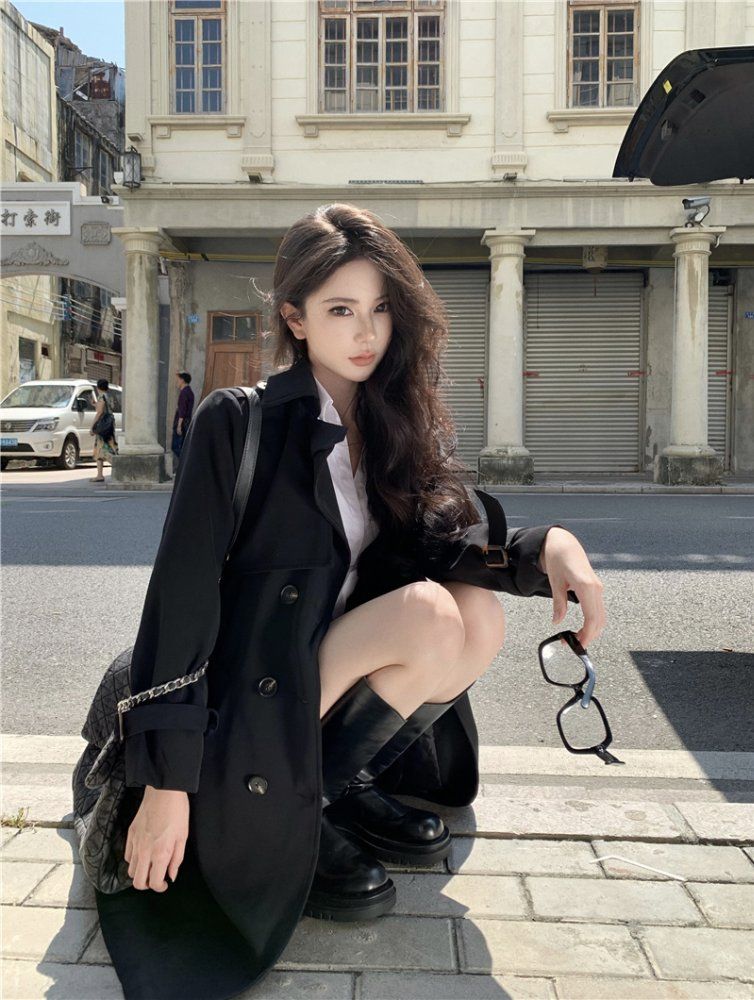 여성 봄 가을 베이직 더블 버튼 벨티드 미디 트렌치 코트 블랙 카키 - 상세 이미지 2