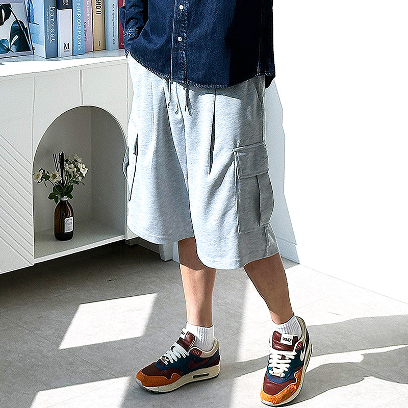 남자 버뮤다팬츠 회색반바지 핀턱반바지 벌룬팬츠 - 상세 이미지 2