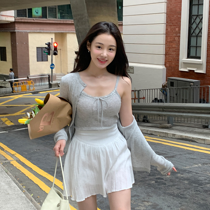로젤린 리본 스트랩 레이스 골지 나시 가디건 세트 st2815 - 상세 이미지 2