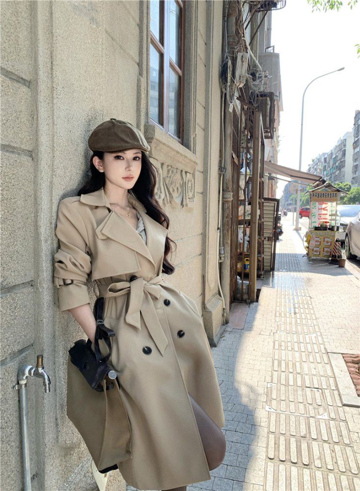 여성 봄 가을 베이직 더블 버튼 벨티드 미디 트렌치 코트 블랙 카키 - 상세 이미지 4