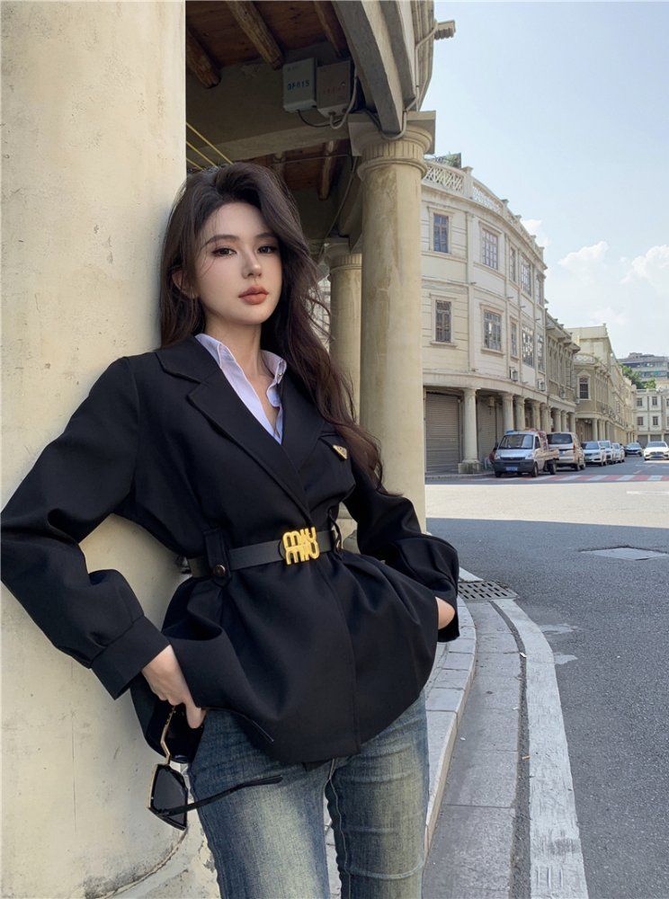 여성 봄 가을 테일러드 카라 벨티드 자켓 블레이저 하객룩 블랙 카키 - 상세 이미지 3