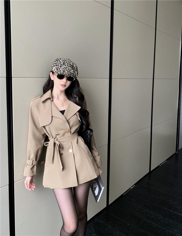 여성 봄 가을 더블 버튼 벨티드 숏 트렌치 코트 자켓 하객룩 블랙 카멜 카키 - 상세 이미지 2