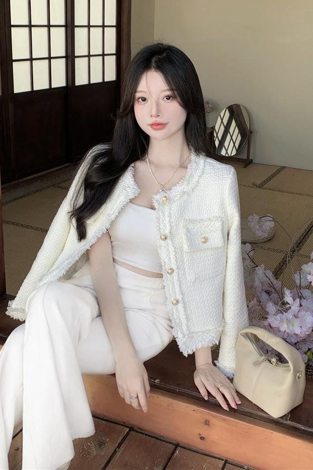 여성 봄 가을 노카라 프린지 트위드 자켓 금장 버튼 나팔소매 애프리콧 - 상세 이미지 5