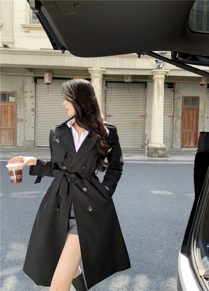 여성 봄 가을 베이직 더블 버튼 벨티드 미디 트렌치 코트 블랙 카키 - 상세 이미지 3