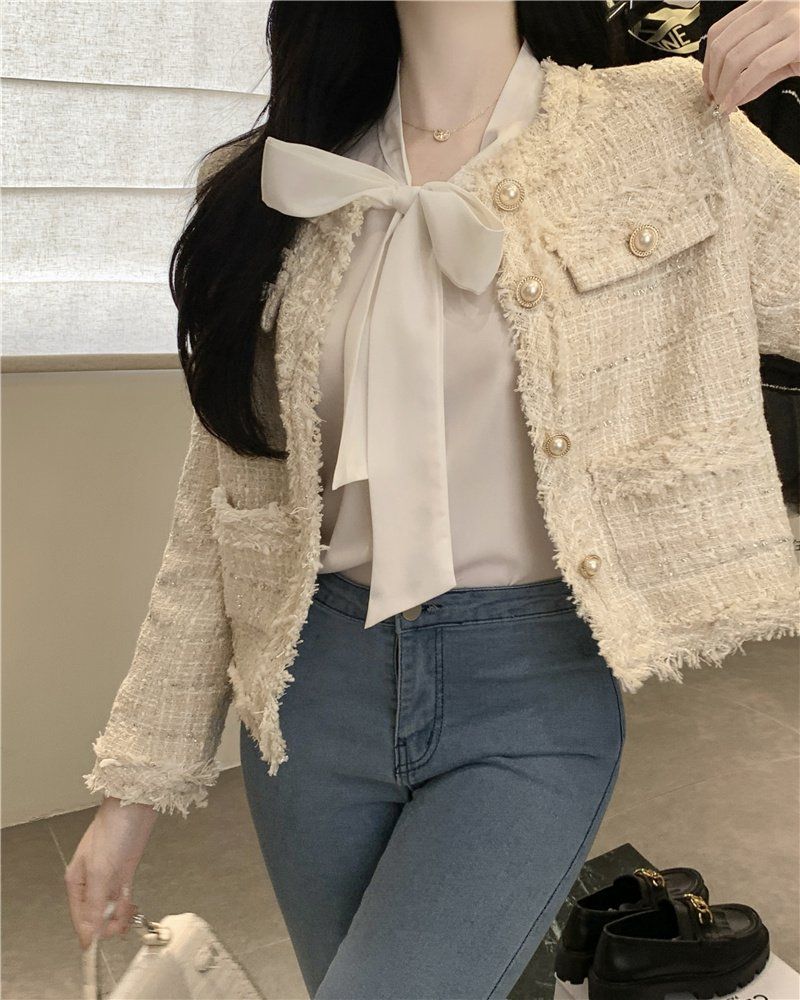 여성 봄 가을 노카라 프린지 트위드 자켓 진주 버튼 블루 애프리콧 핑크 - 상세 이미지 3