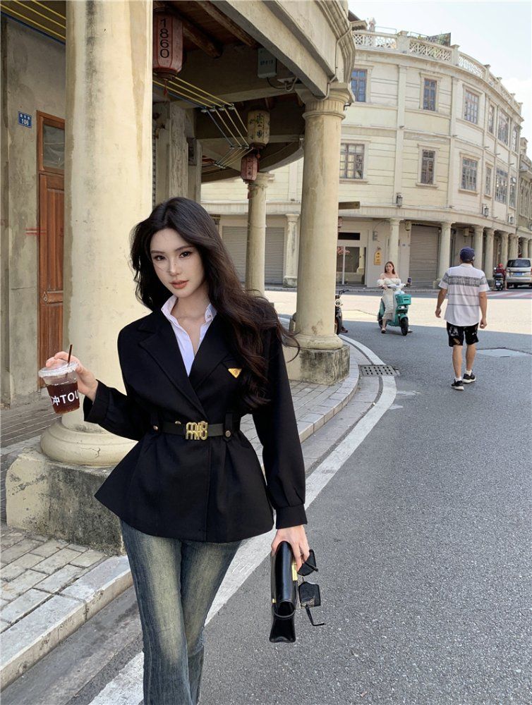여성 봄 가을 테일러드 카라 벨티드 자켓 블레이저 하객룩 블랙 카키 - 상세 이미지 2