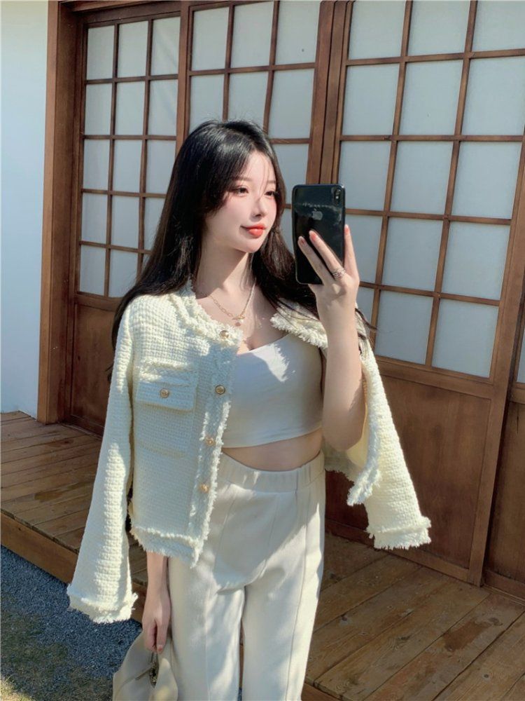 여성 봄 가을 노카라 프린지 트위드 자켓 금장 버튼 나팔소매 애프리콧 - 상세 이미지 4