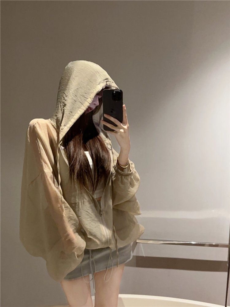 여성 봄 여름 시스루 후드 집업 점퍼 바람막이 오버핏 벌룬소매 카키 아이보리 블랙 - 상세 이미지 2