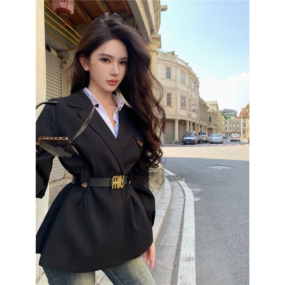 여성 봄 가을 테일러드 카라 벨티드 자켓 블레이저 하객룩 블랙 카키 - 상품 이미지