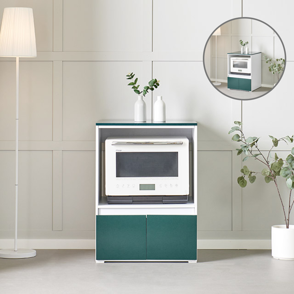 홈트리가구 미니 렌지대 슬라이딩 수납장 - 전자레인지 커피머신 거치장 도어형 600mm, 2단, 딥그린