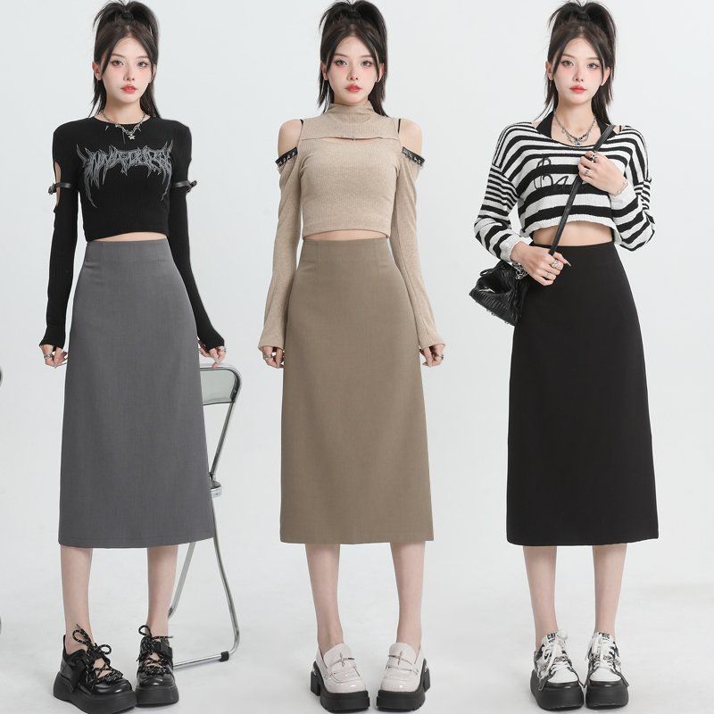 봄 여름 깔끔한 하이웨스트 A라인 미디 스커트 H라인 오피스룩 그레이 카키 블랙 - 메인 이미지