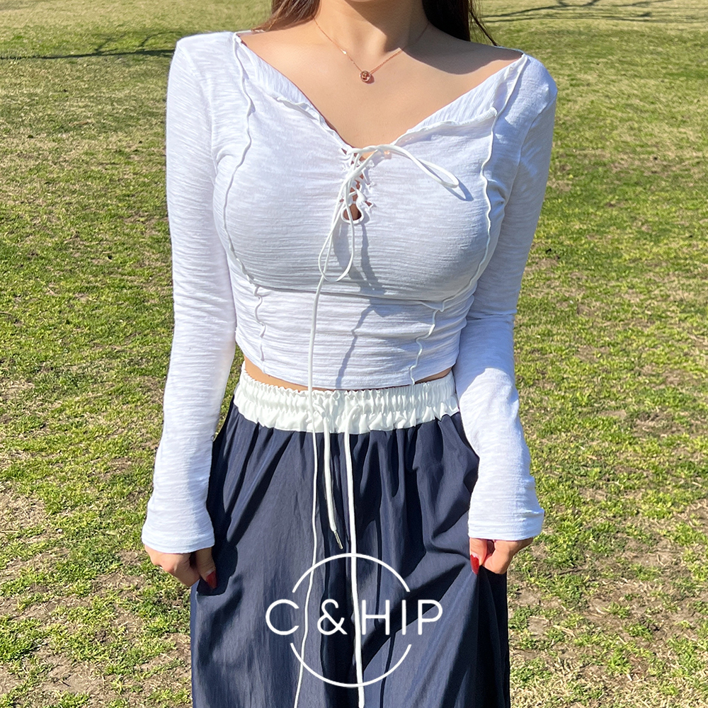 슬라브 헨리넥 절개 아일렛 끈 티셔츠 3color - 상세 이미지 2