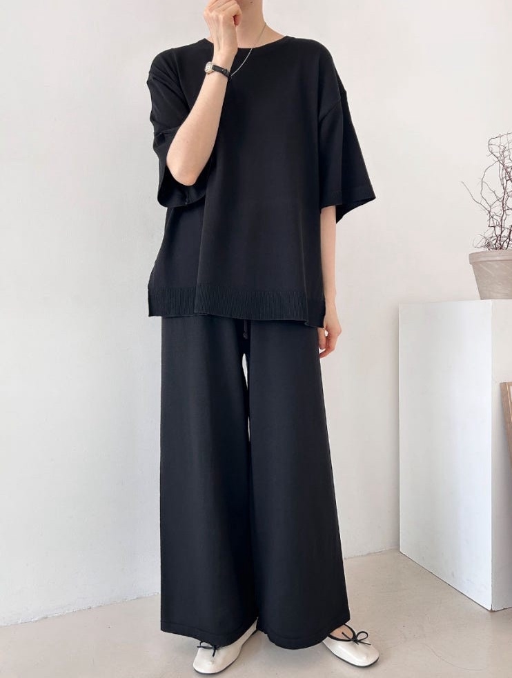 어반 니트 바지 세트 투피스 비스코스 빅사이즈 여성 상하 여름 반팔 와이드 팬츠 셋업 밴딩