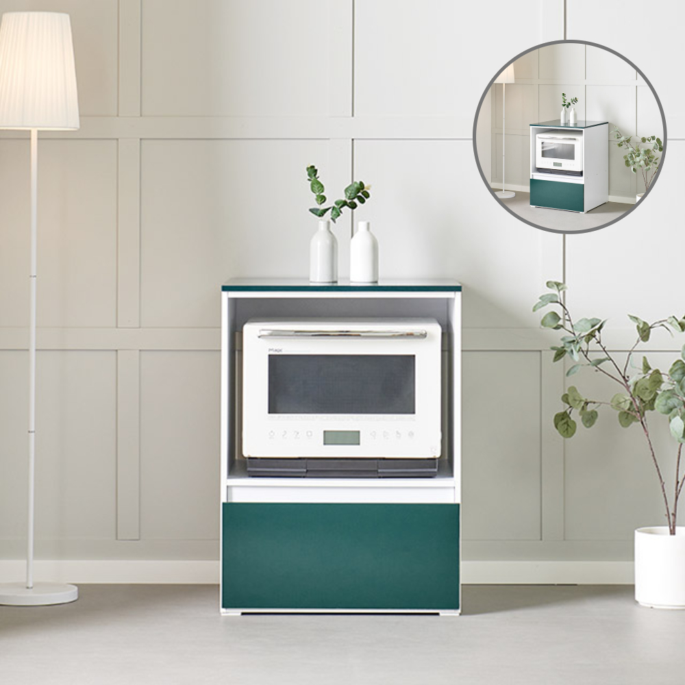 홈트리가구 미니 렌지대 슬라이딩 수납장 - 전자레인지 커피머신 거치장 서랍형 600mm, 2단, 딥그린