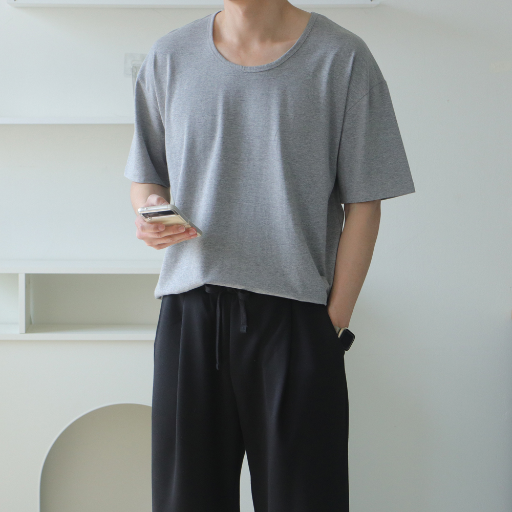 남자 반팔티 오버핏 U넥 유넥 흰색 여름 반팔 티셔츠 - 상세 이미지 2