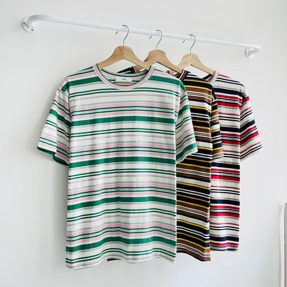 멀티 스트라이프티셔츠 여성반팔티 배색 기본 반팔 티셔츠