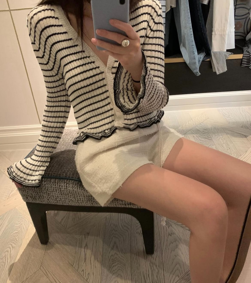 [블랙 당일] 디저트 린넨 가디건 프릴 스트라이프 단가라 브이넥cd 상세 이미지 6