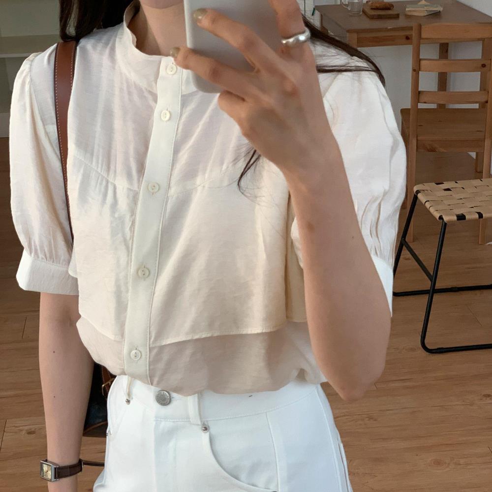 옷자락 여자 롱타이 오간자 러플 반팔 여름 하객룩 블라우스 - 상세 이미지 2