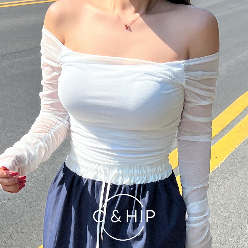 비츠 시스루 쉬폰 망사 오프숄더 크롭티셔츠 3color - 메인 이미지