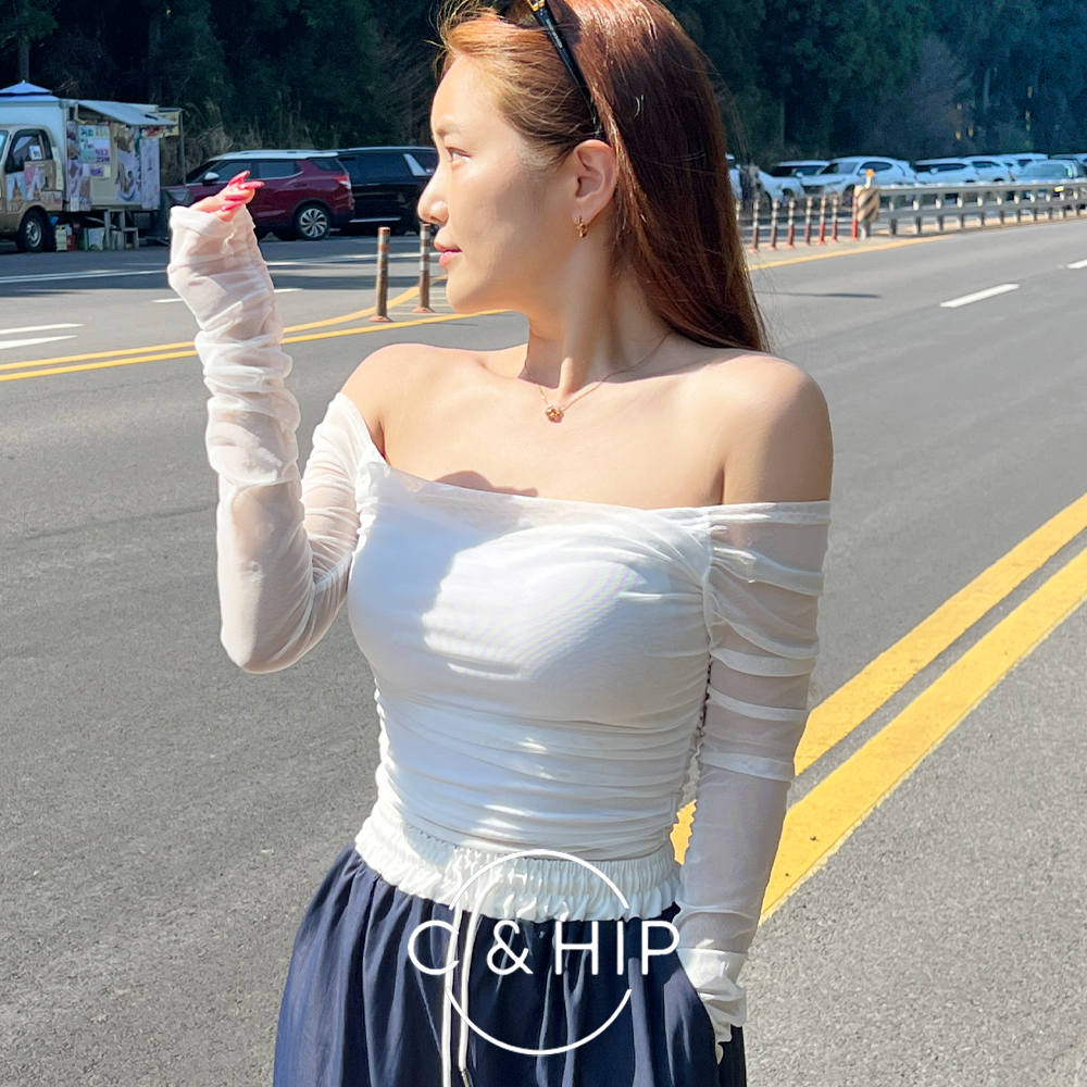 비츠 시스루 쉬폰 망사 오프숄더 크롭티셔츠 3color - 상세 이미지 2