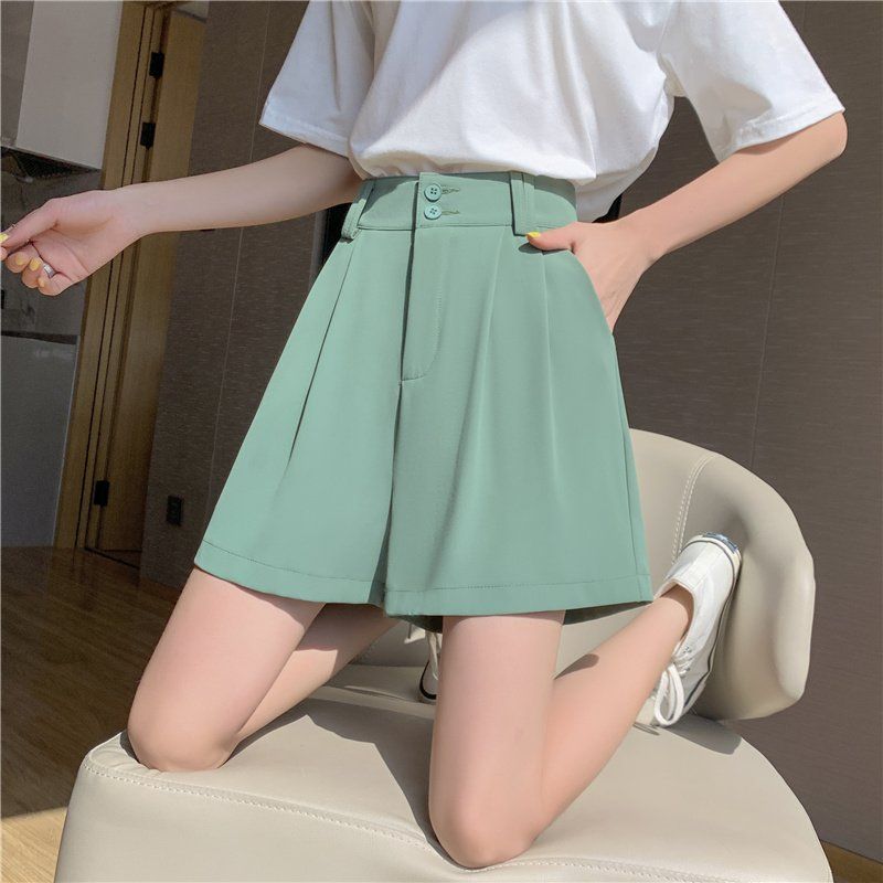 하이웨스트 투버튼 핀턱 와이드 숏팬츠 쿨링 A라인 여름 반바지 블랙 그린 - 상세 이미지 3