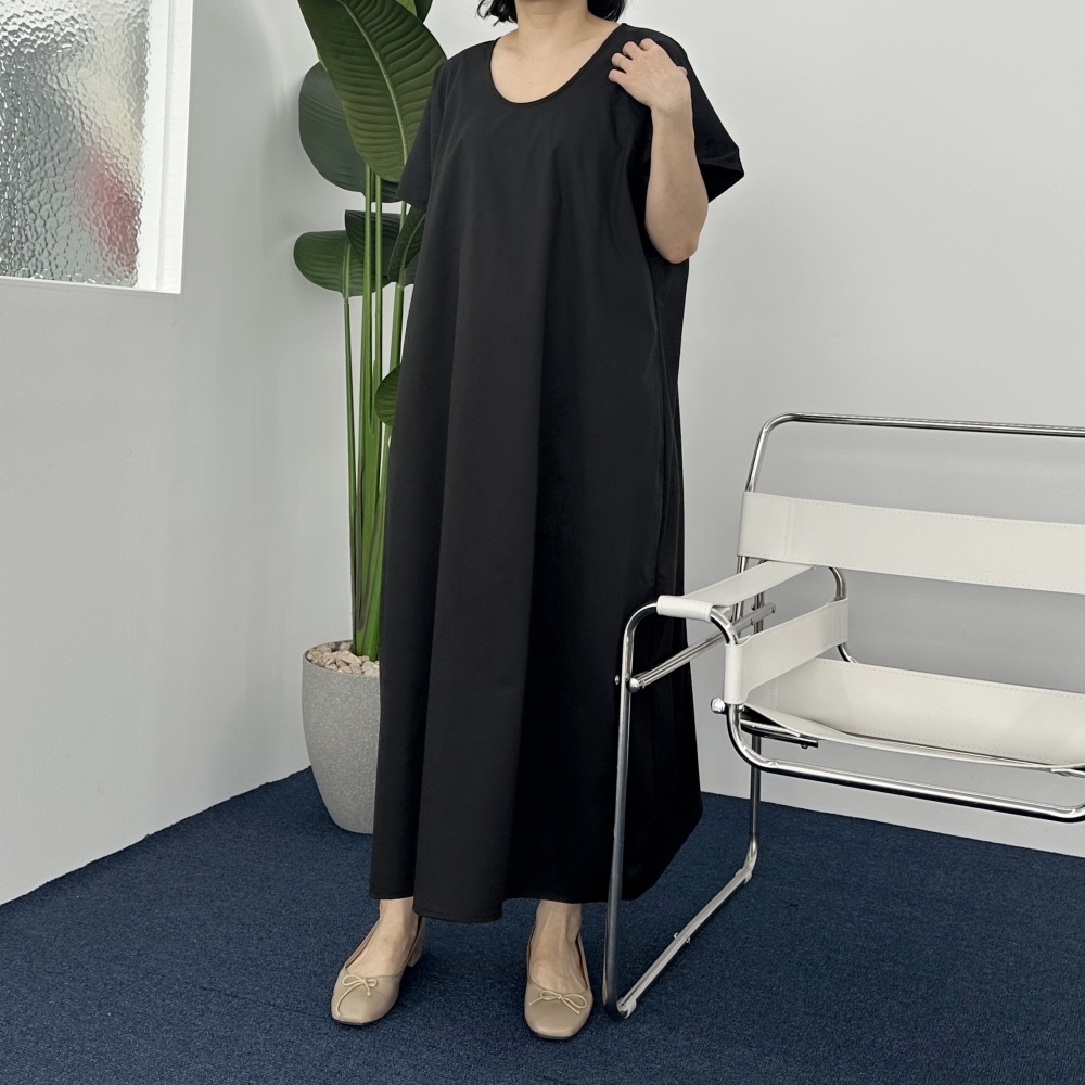 빅사이즈 자체제작 99-130 A라인 블랙 롱 원피스 루즈 오버핏 바스락 시원한 반팔 U넥