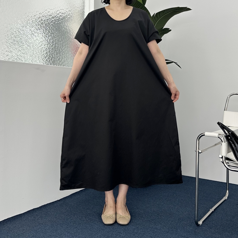 빅사이즈 자체제작 99-130 A라인 블랙 롱 원피스 루즈 오버핏 바스락 시원한 반팔 U넥