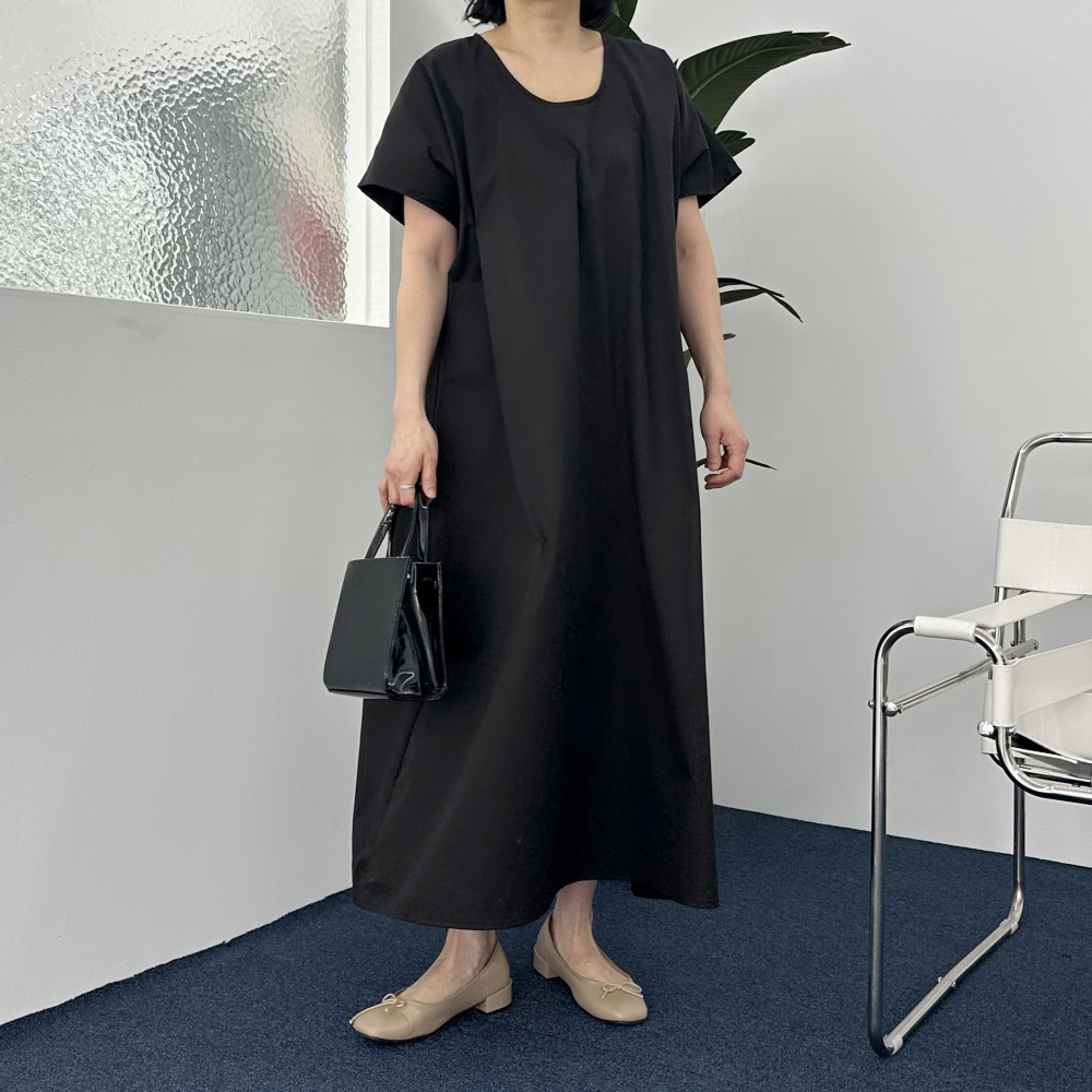 빅사이즈 자체제작 99-130 A라인 블랙 롱 원피스 루즈 오버핏 바스락 시원한 반팔 U넥