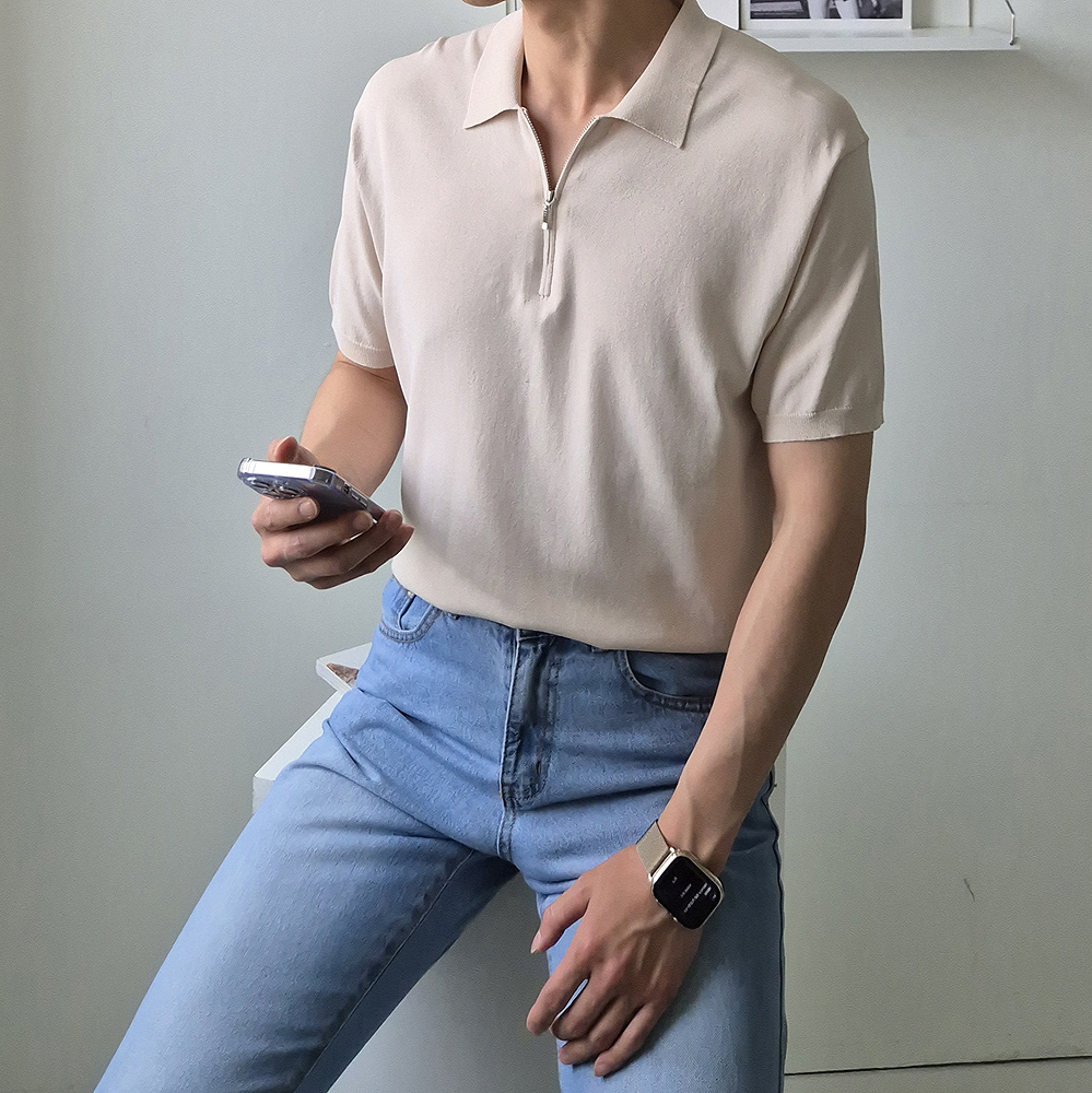 머슬핏 반팔 집업 카라티 린넨 남자 반팔티 이미지 6