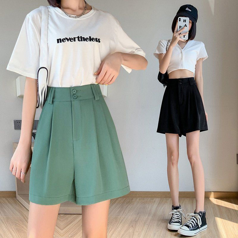 하이웨스트 투버튼 핀턱 와이드 숏팬츠 쿨링 A라인 여름 반바지 블랙 그린 - 상품 이미지