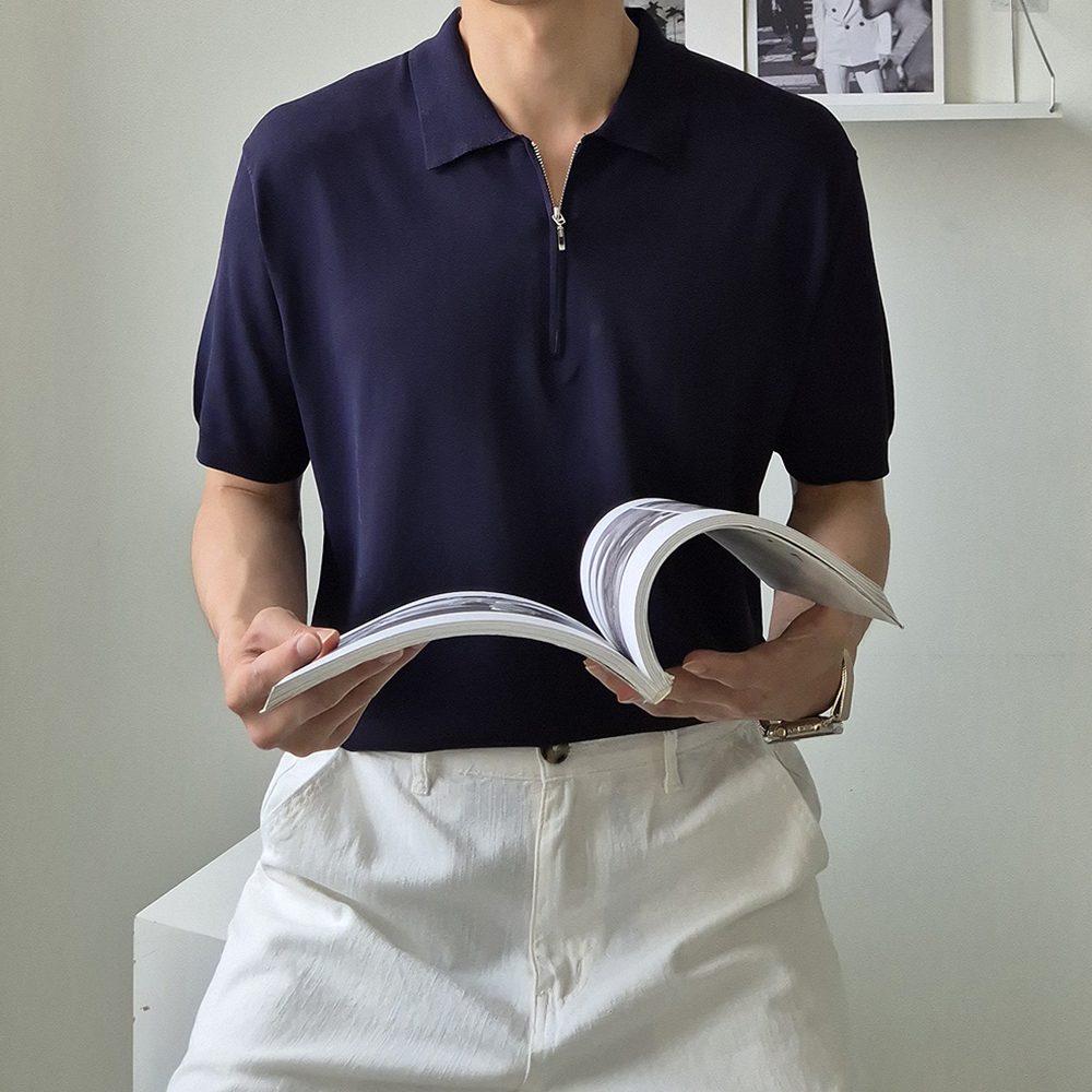 머슬핏 반팔 집업 카라티 린넨 남자 반팔티 - 상세 이미지 4