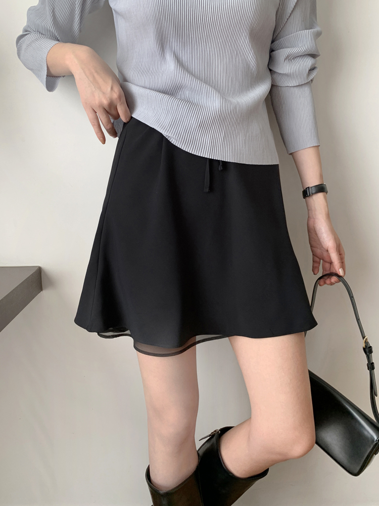 트렌디 쉬폰 하이웨스트 플레어 스커트 A라인 치마 여성 가을 치마 화이트 블랙 미니 스커트 - 메인 이미지