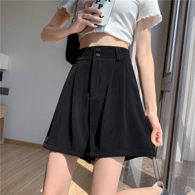 하이웨스트 투버튼 핀턱 와이드 숏팬츠 쿨링 A라인 여름 반바지 블랙 그린 - 상세 이미지 2