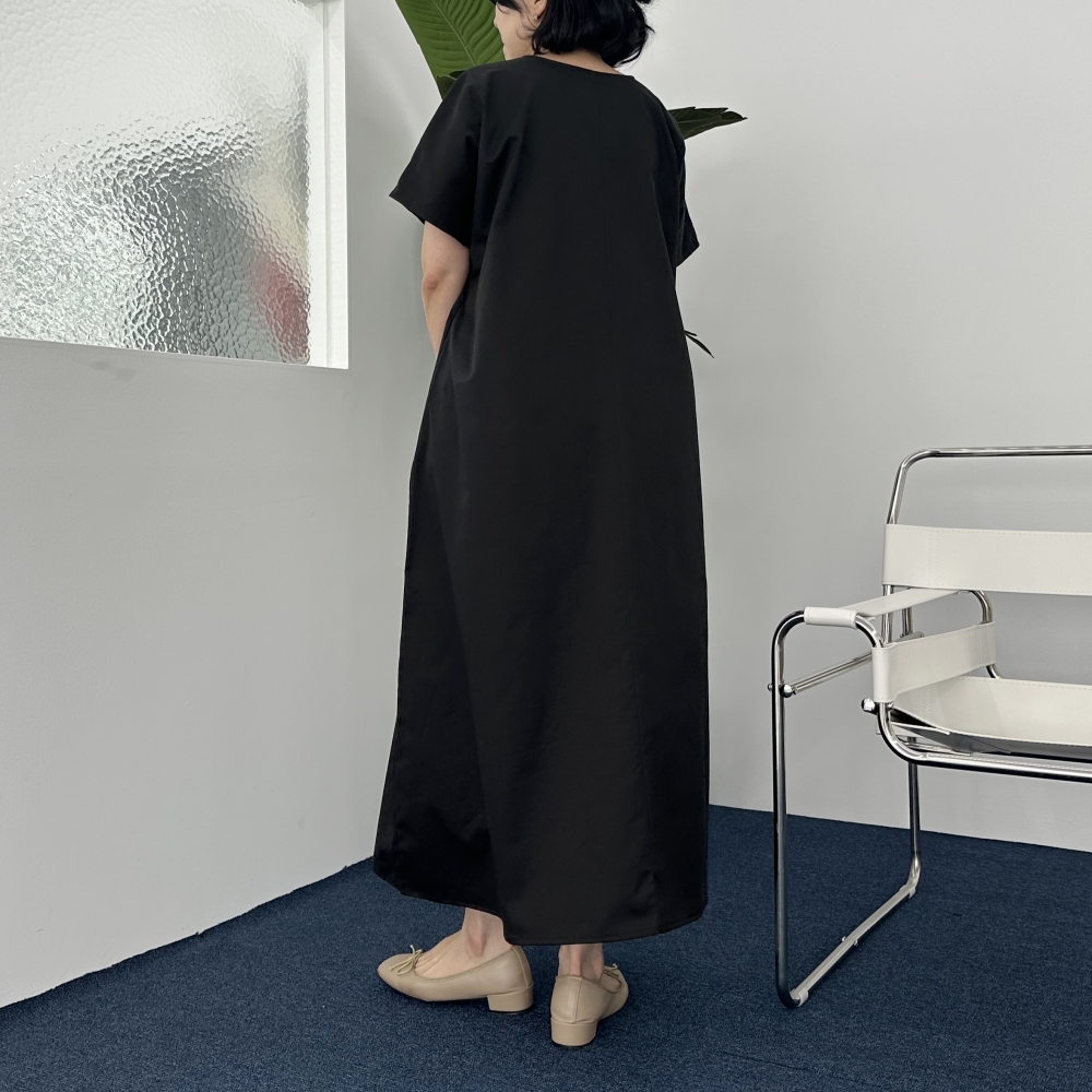 빅사이즈 자체제작 99-130 A라인 블랙 롱 원피스 루즈 오버핏 바스락 시원한 반팔 U넥