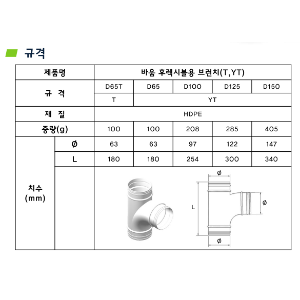 바움 후렉시블용 Y관 와이관 환기자재 연결관 닥트 덕트 배관 전열교환기 - 상세 이미지 2