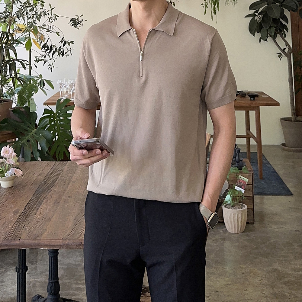머슬핏 반팔 집업 카라티 린넨 남자 반팔티 - 상품 이미지
