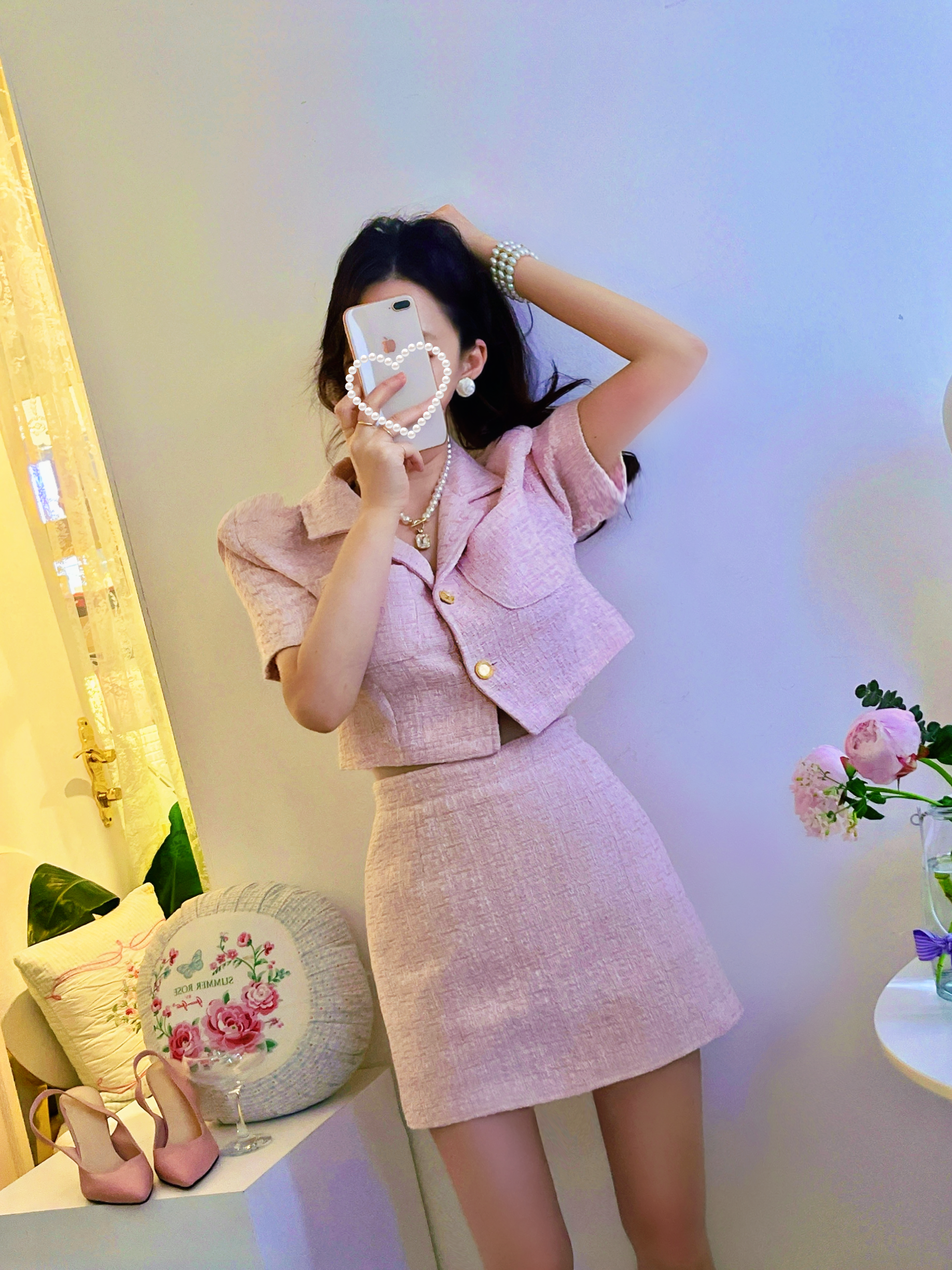 쉐브아 트위드 셋업 2piece SET (하프재킷&스커트/하객룩,골드버튼,투피스,세트) [비비아레이디]