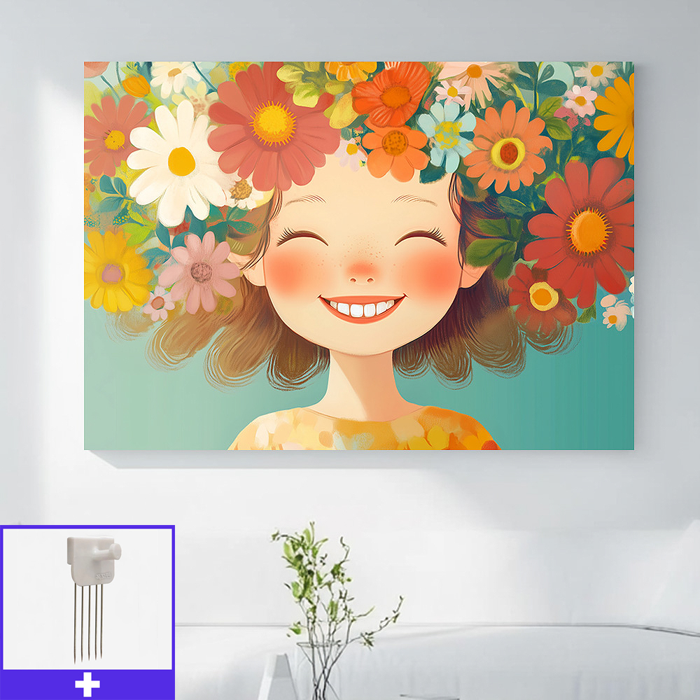 미소가득 A1 캔버스액자 웃는그림 꽃머리 여자 북유럽 - 상품 이미지